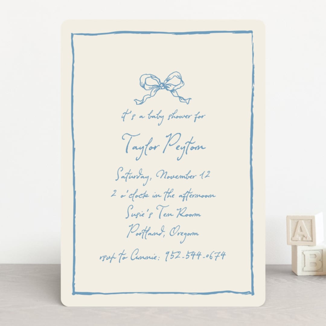 "ribbon bow drawing" - Baby Shower Invitations in Dusty Blue by Cass Loh - Front
