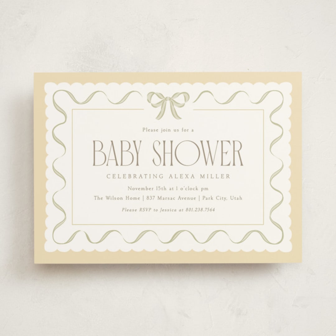 "Ribbon Toss" - Baby Shower Invitations in Lemon by Robert and Stella - Front