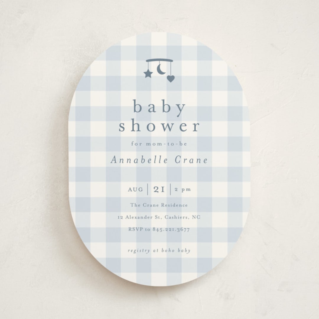 "Gingham Mobile" - Baby Shower Invitations in Baby blue by Stacey Meacham - Front