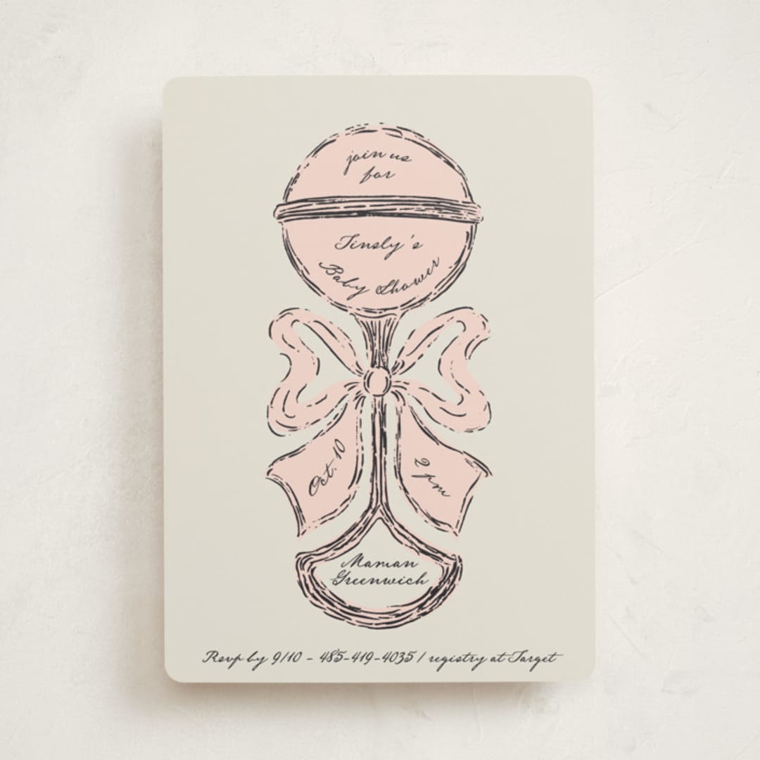 "Antique Rattle" - Baby Shower Invitations in Rose by Gwen Bedat - Front