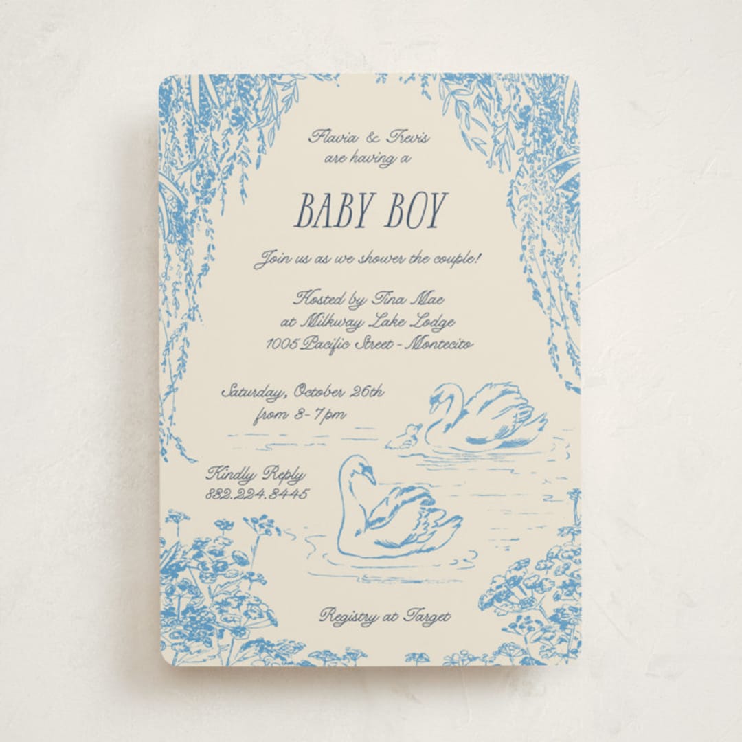 "Sweet Swan" - Baby Shower Invitations in Bluebell by Pati Cascino - Front