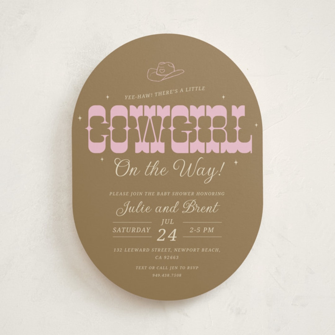 "Cowgirl on the Way!" - Baby Shower Invitations in Cocoa by Maggie Daugherty - Front