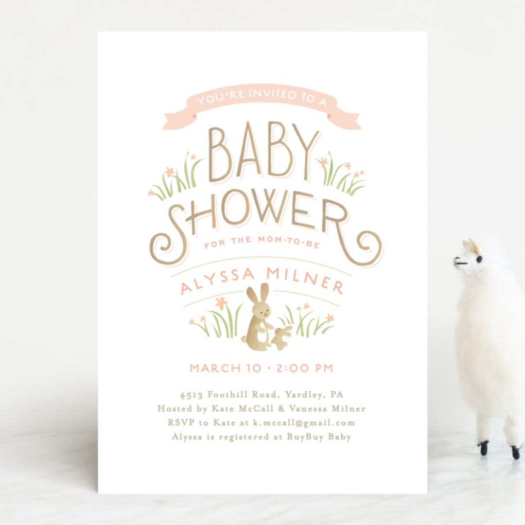 "Springtime Bunnies" - Baby Shower Invitations in Blush by Jennifer Wick - Front