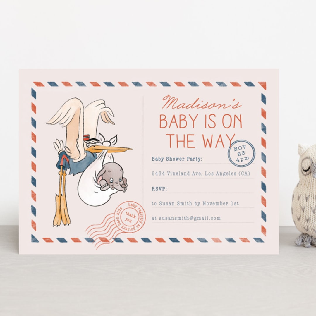 "Disney's Dumbo Stork Baby on the Way" - Baby Shower Invitations in Navy by Claudia Orengo - Front