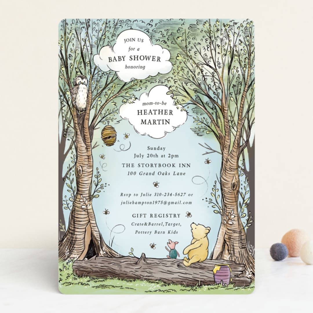 "Disney's Winnie the Pooh in the Wood" - Baby Shower Invitations in Sky by Becky Nimoy - Front
