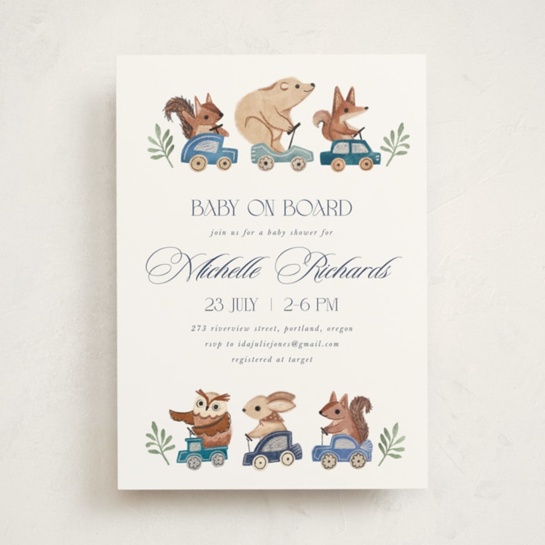 "woodland cars" - Baby Shower Invitations in Navy by Vivian Yiwing - Front