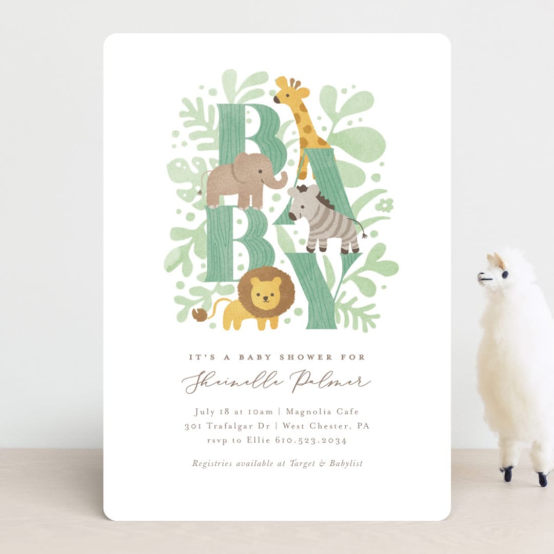 "Petite Safari" - Baby Shower Invitations in Mint by Jennifer Wick - Front