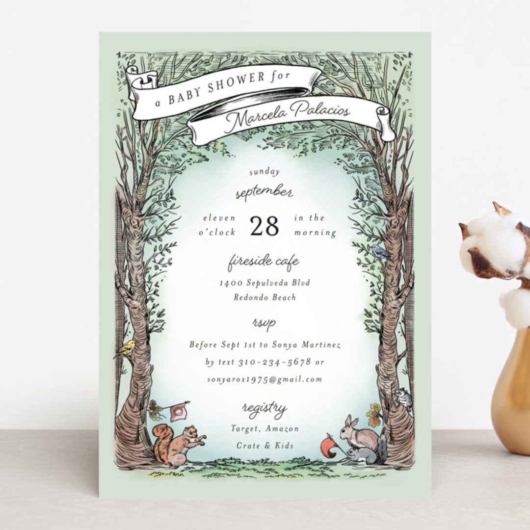 "Victorian Forest Scene" - Baby Shower Invitations in Mint by Becky Nimoy - Front