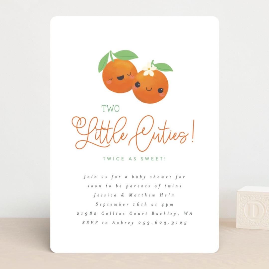 "Two Little Cute" - Baby Shower Invitations in Pumpkin by Itsy Belle Studio - Front