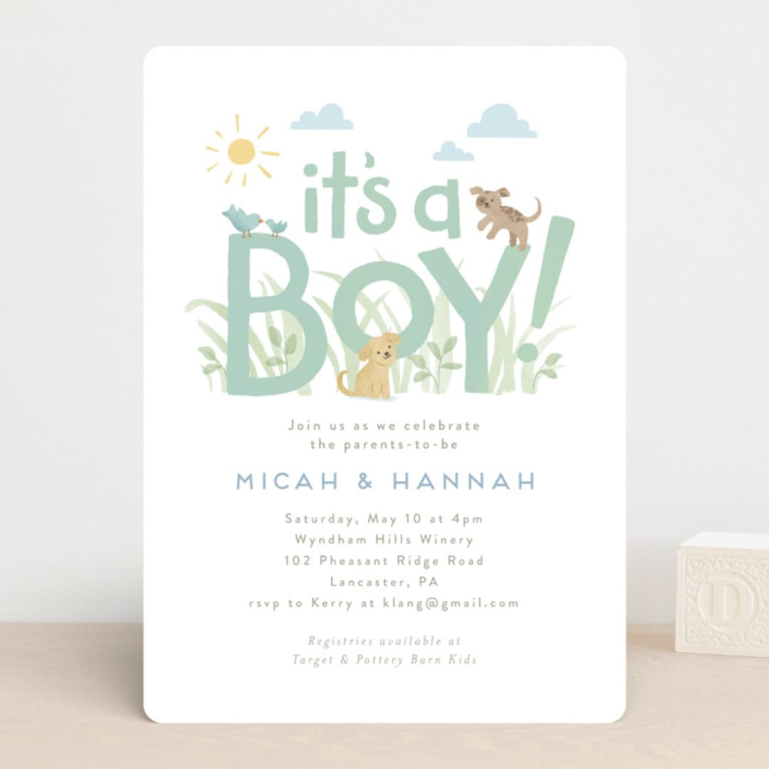 "Little pups" - Baby Shower Invitations in Mint by Jennifer Wick - Front