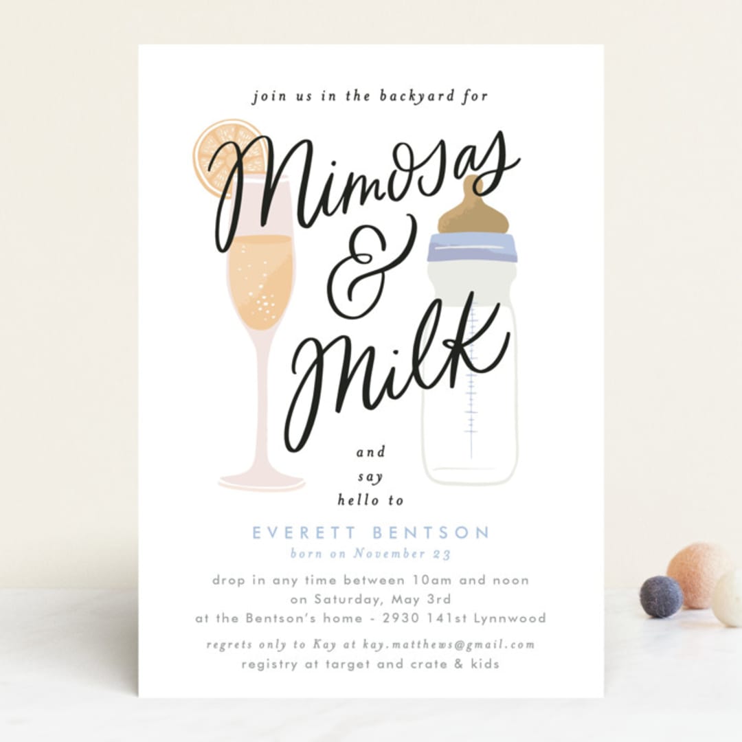 "Mimosas and Milk" - Baby Shower Invitations in Sky by Alethea and Ruth - Front