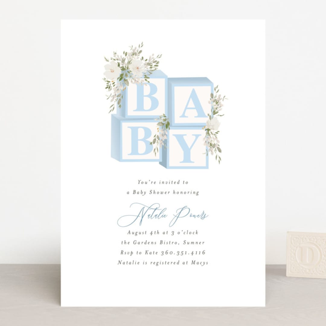 "Botanical Blocks" - Baby Shower Invitations in Baby Blue by Itsy Belle Studio - Front