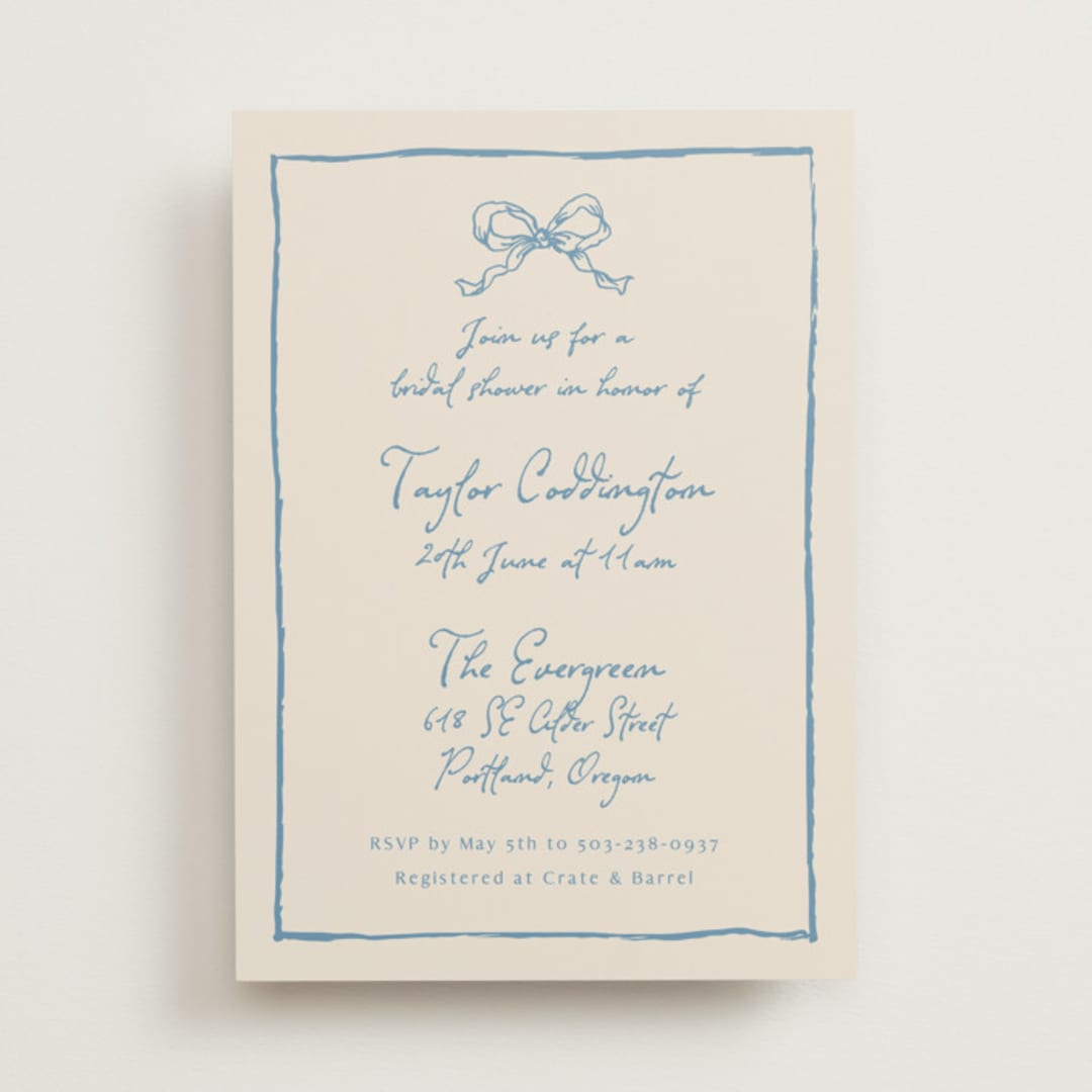 "ribbon bow drawing" - Bridal Shower Invitations in Dusty Blue by Cass Loh - Front
