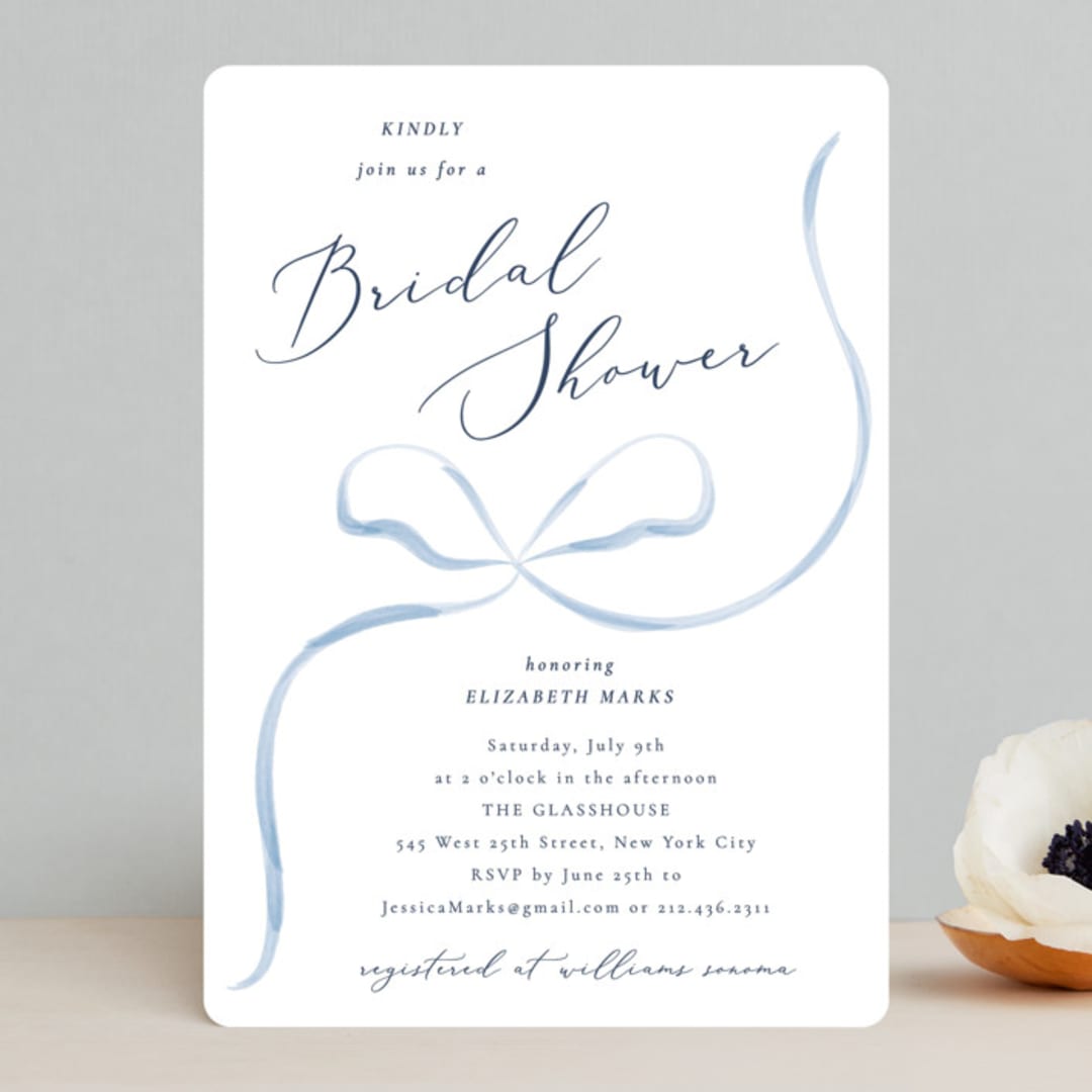 "Bow" - Bridal Shower Invitations in Dusty Blue by Corinne Malesic - Front