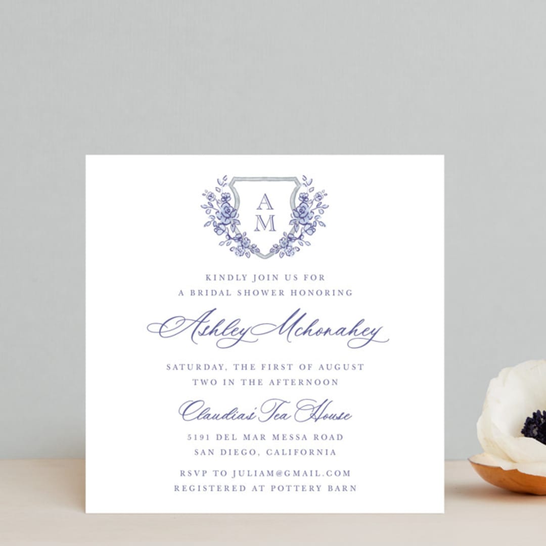 "watercolor flowers crest" - Bridal Shower Invitations in Dusty Blue by Cass Loh - Front