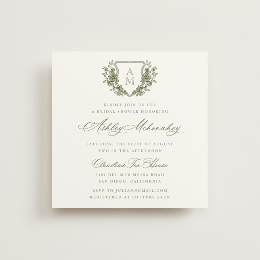 "watercolor flowers crest" - Bridal Shower Invitations in Moss by Cass Loh - Front