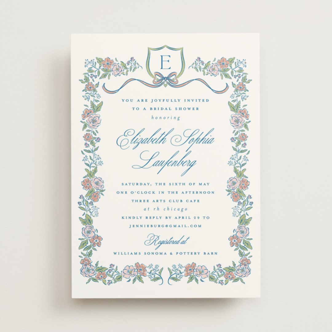 "Floral Frame Crest" - Bridal Shower Invitations in Peony by Erin German - Front