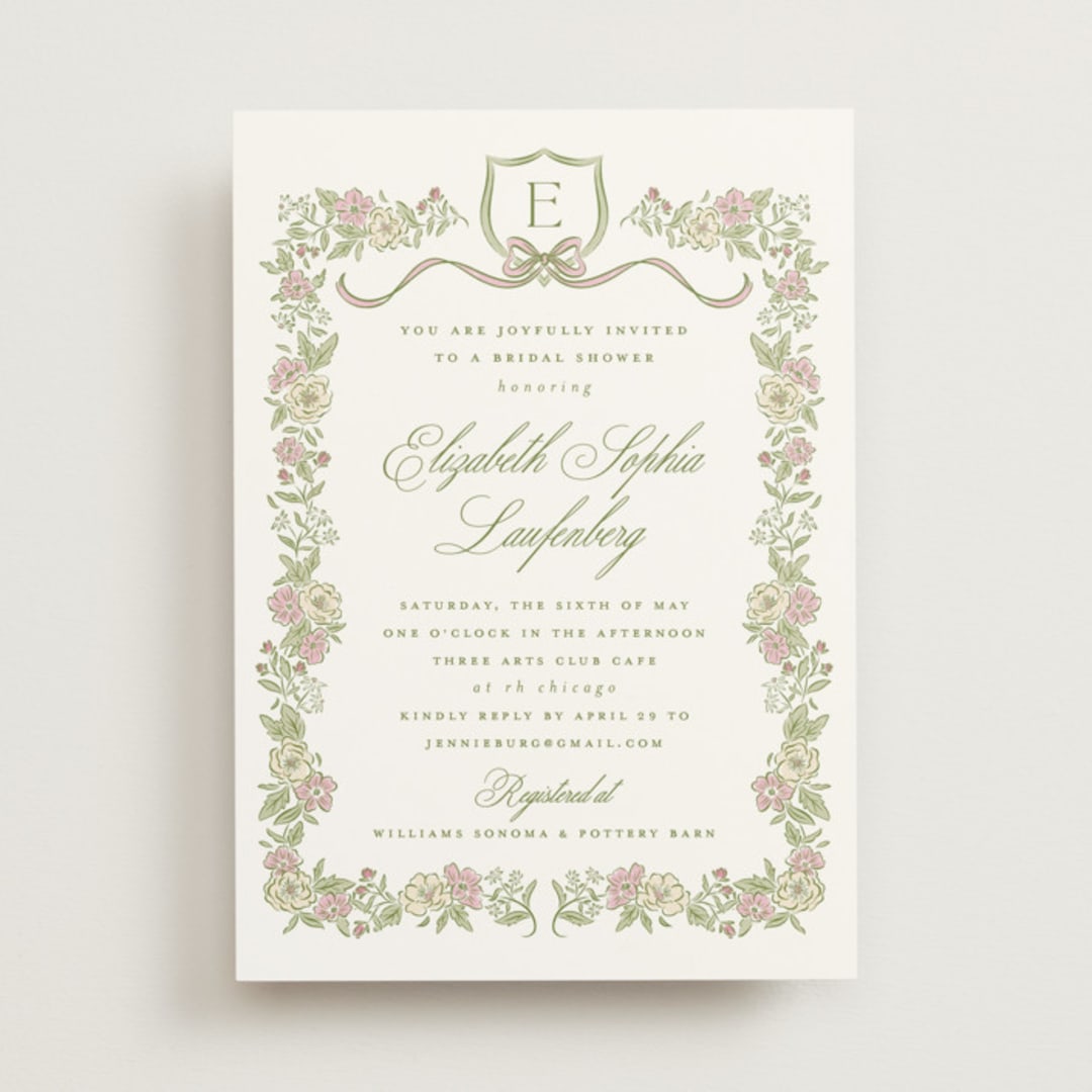 "Floral Frame Crest" - Bridal Shower Invitations in Grass by Erin German - Front