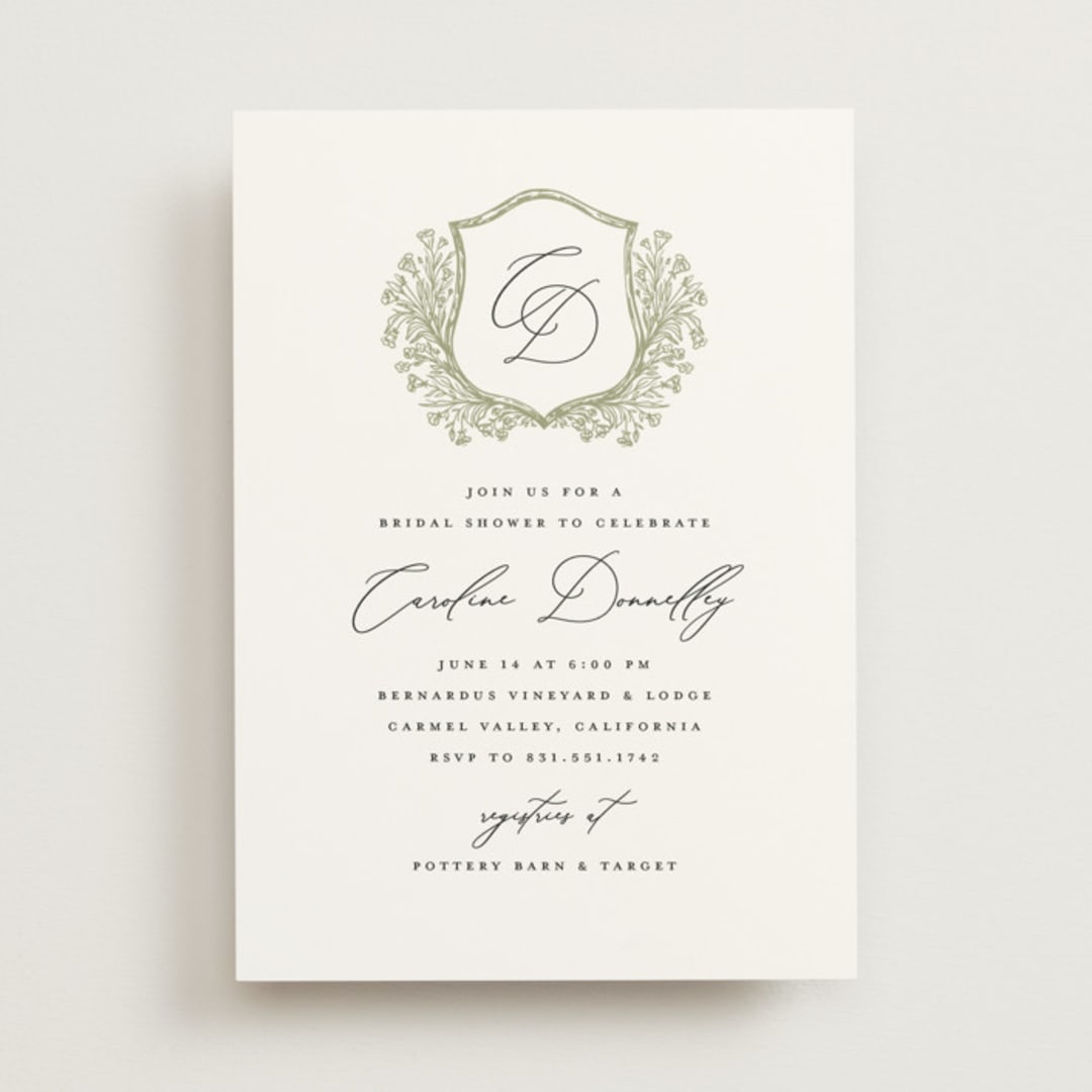 "Traditional Monogram" - Bridal Shower Invitations in Olive by Erin Deegan - Front