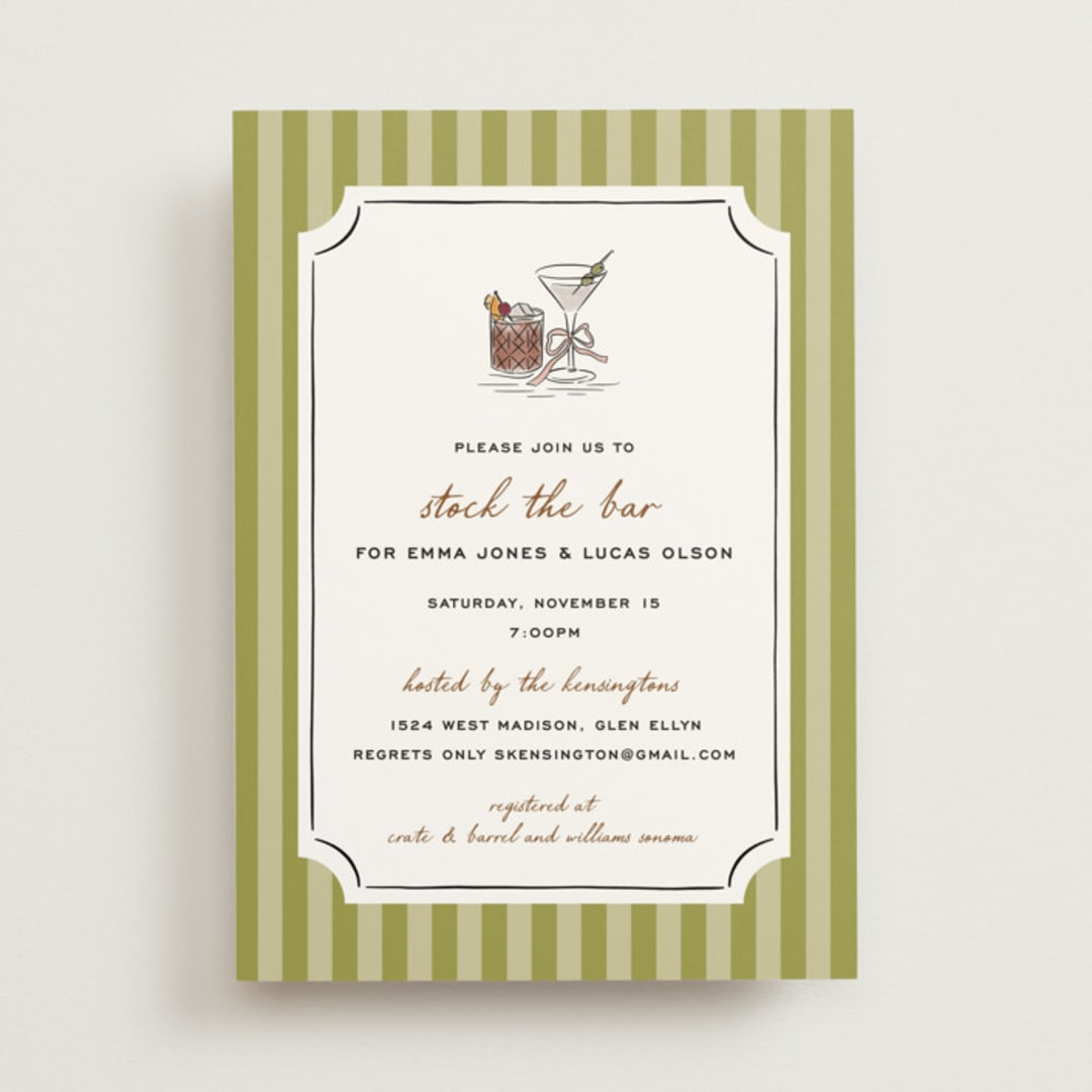 "Stock the Barware" - Bridal Shower Invitations in Olive by Erin German - Front