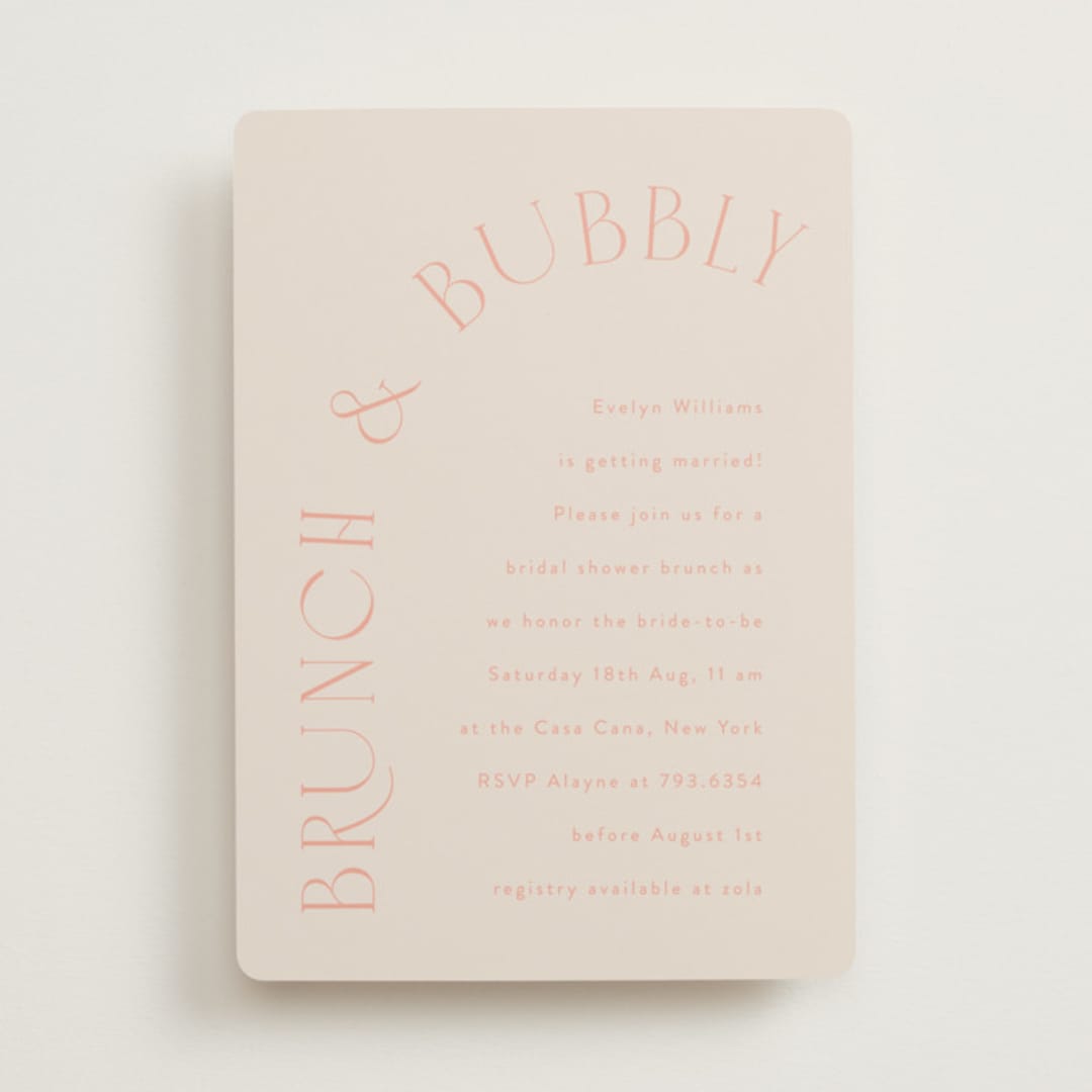 "Brunch & Bubbles" - Bridal Shower Invitations in Blush by Angela Thompson - Front