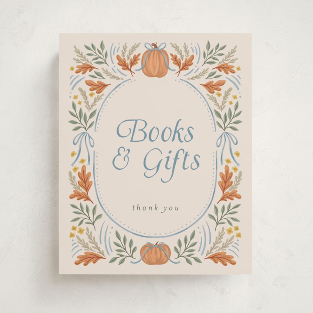 "Pumpkins + Bows" - Baby Shower Party Signs in Cornflower by Laura Hankins - Front