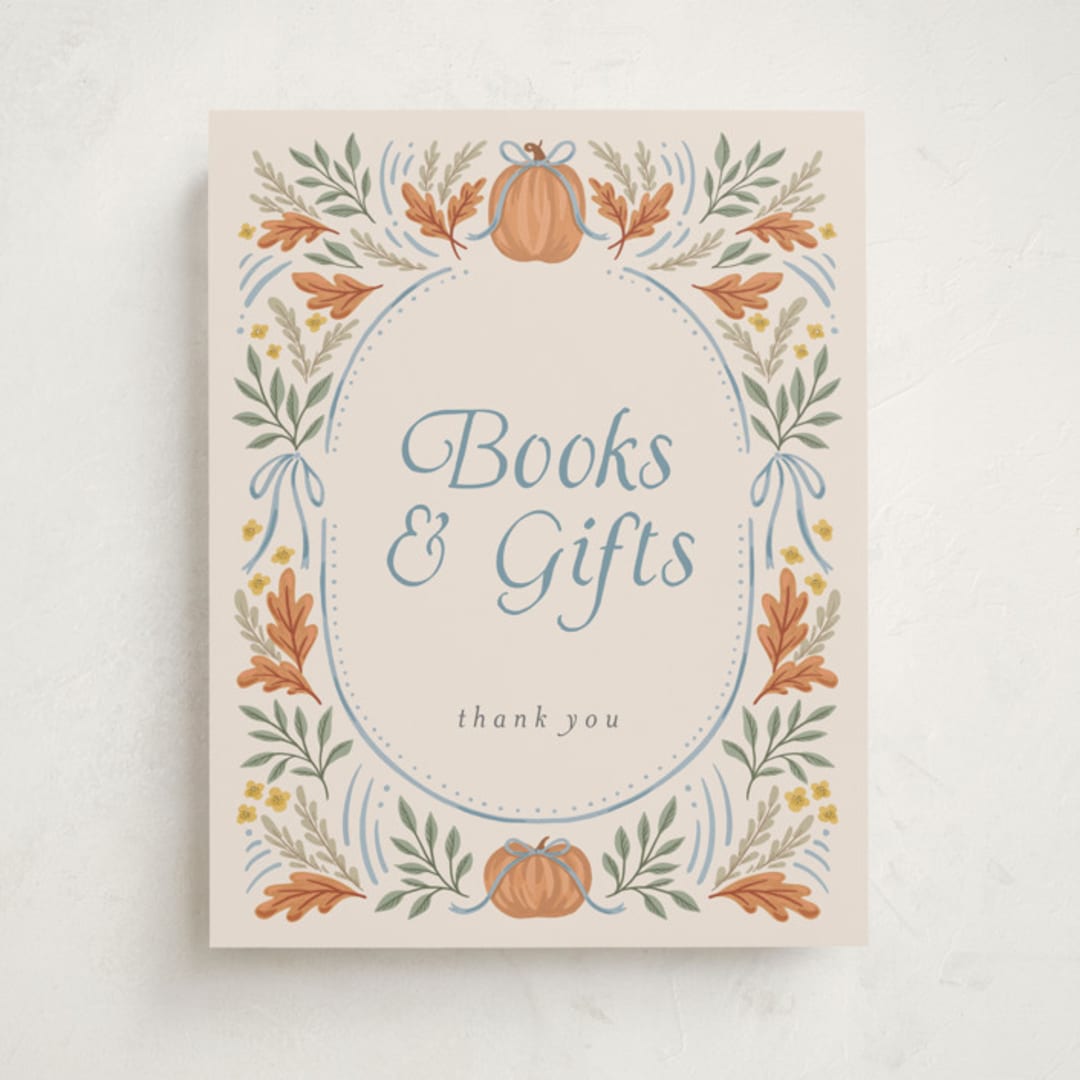 "Pumpkins + Bows" - Baby Shower Party Signs in Cornflower by Laura Hankins - Front