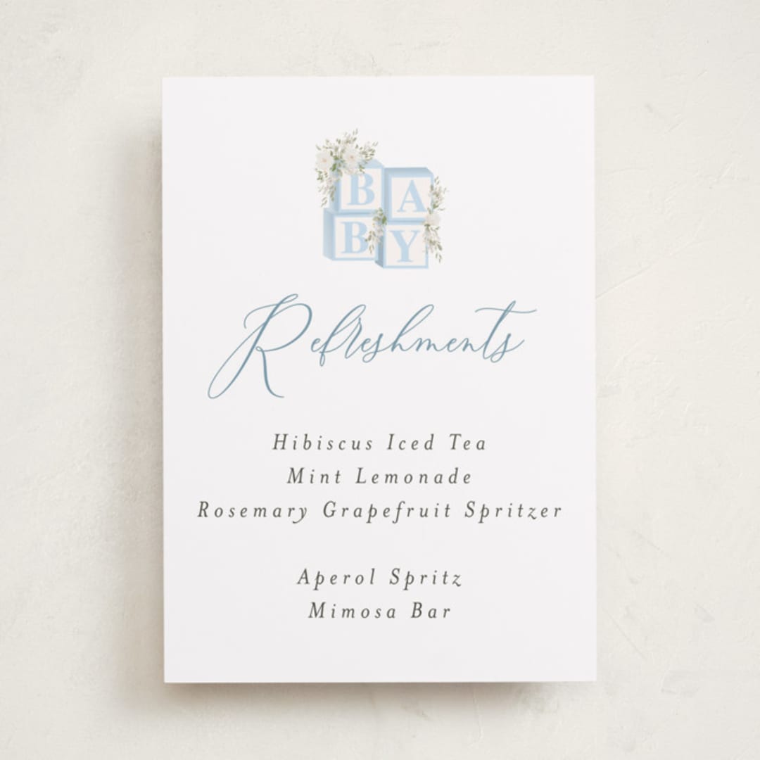 "Botanical Blocks" - Baby Shower Bar Signs in Baby Blue by Itsy Belle Studio - Front