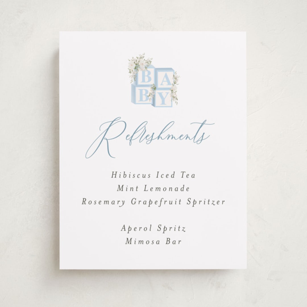 "Botanical Blocks" - Baby Shower Bar Signs in Baby Blue by Itsy Belle Studio - Front