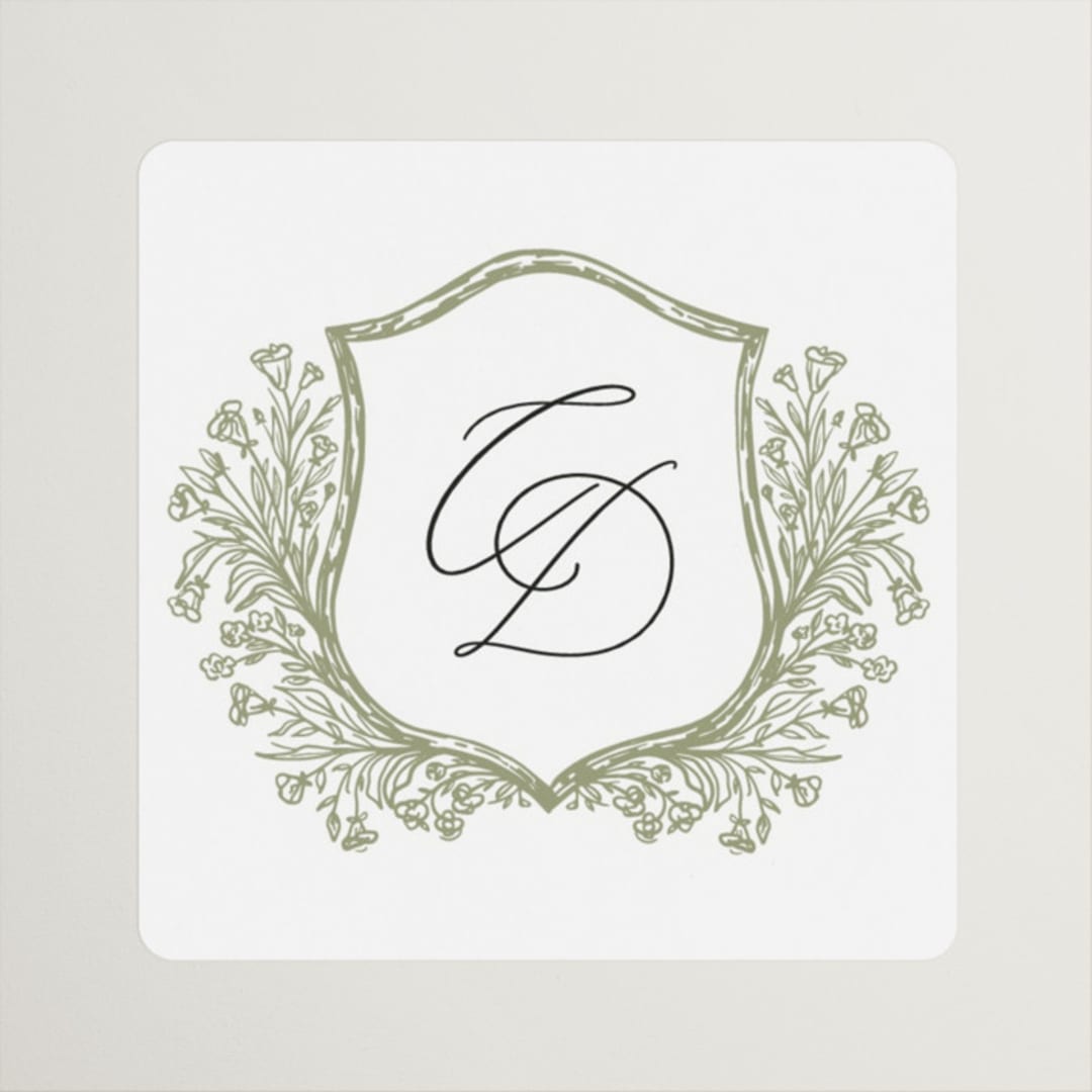 "Traditional Monogram" - Bridal Shower Favor Stickers in Olive by Erin Deegan - Front