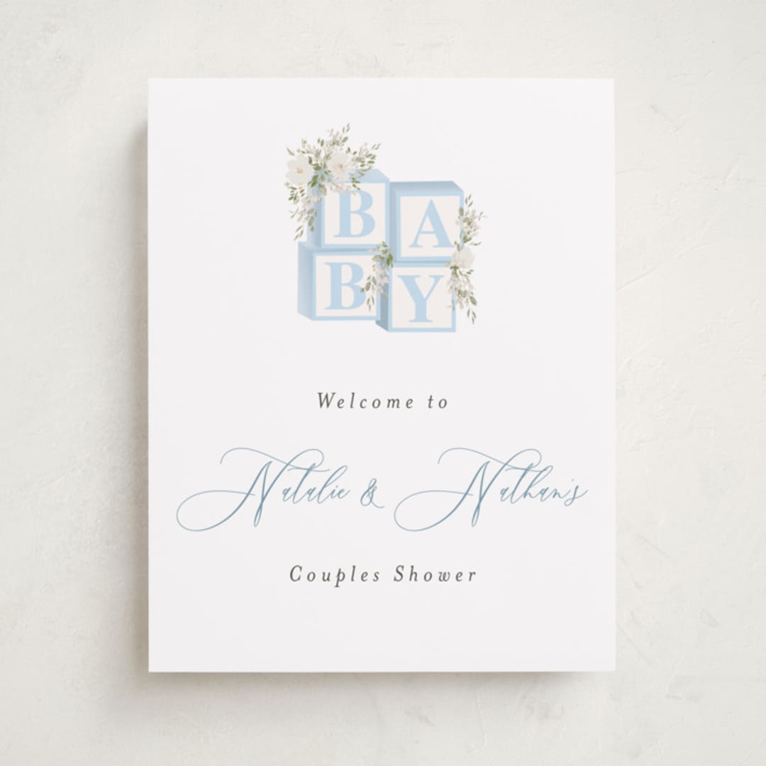 "Botanical Blocks" - Baby Shower Welcome Signs in Baby Blue by Itsy Belle Studio - Front