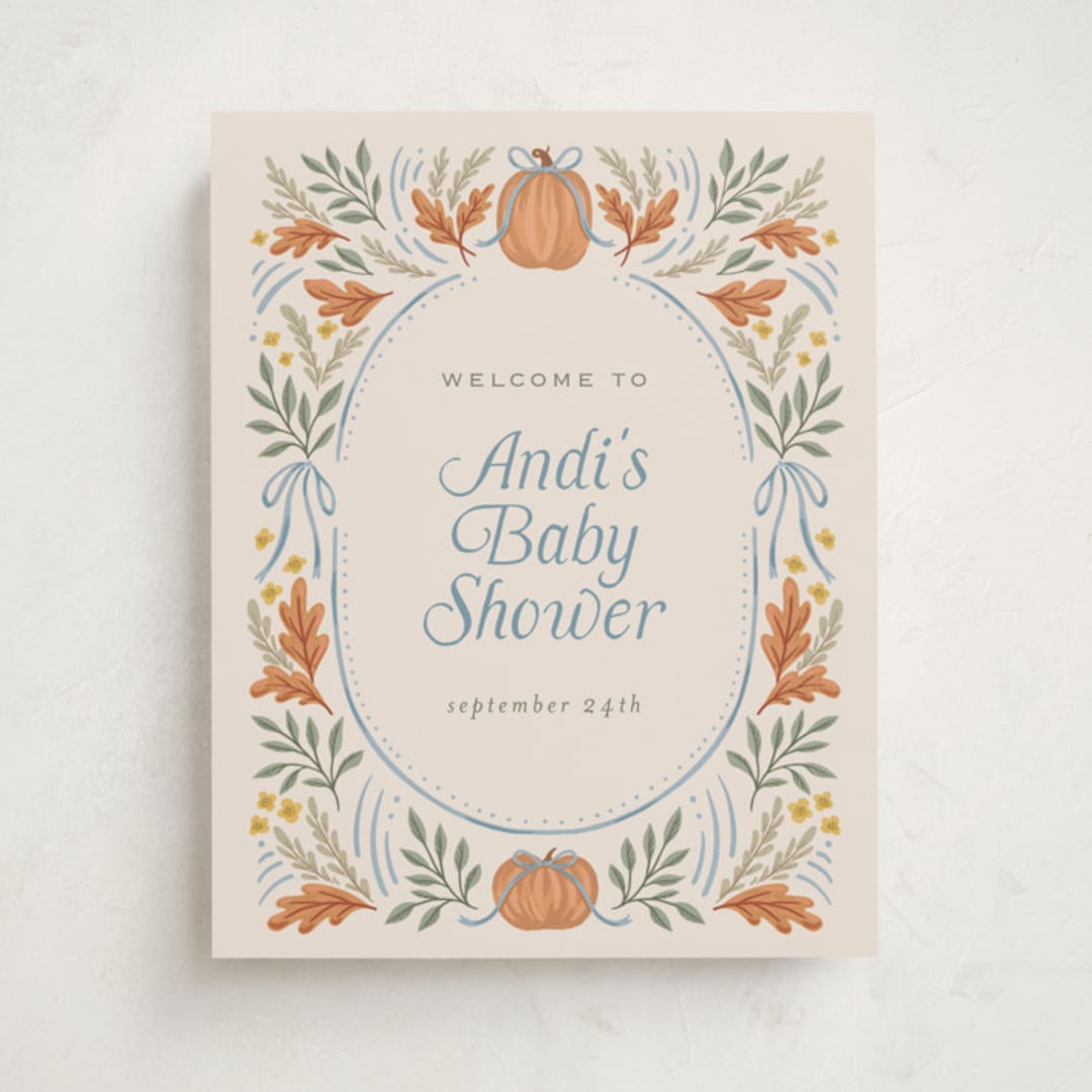 "Pumpkins + Bows" - Baby Shower Welcome Signs in Cornflower by Laura Hankins - Front