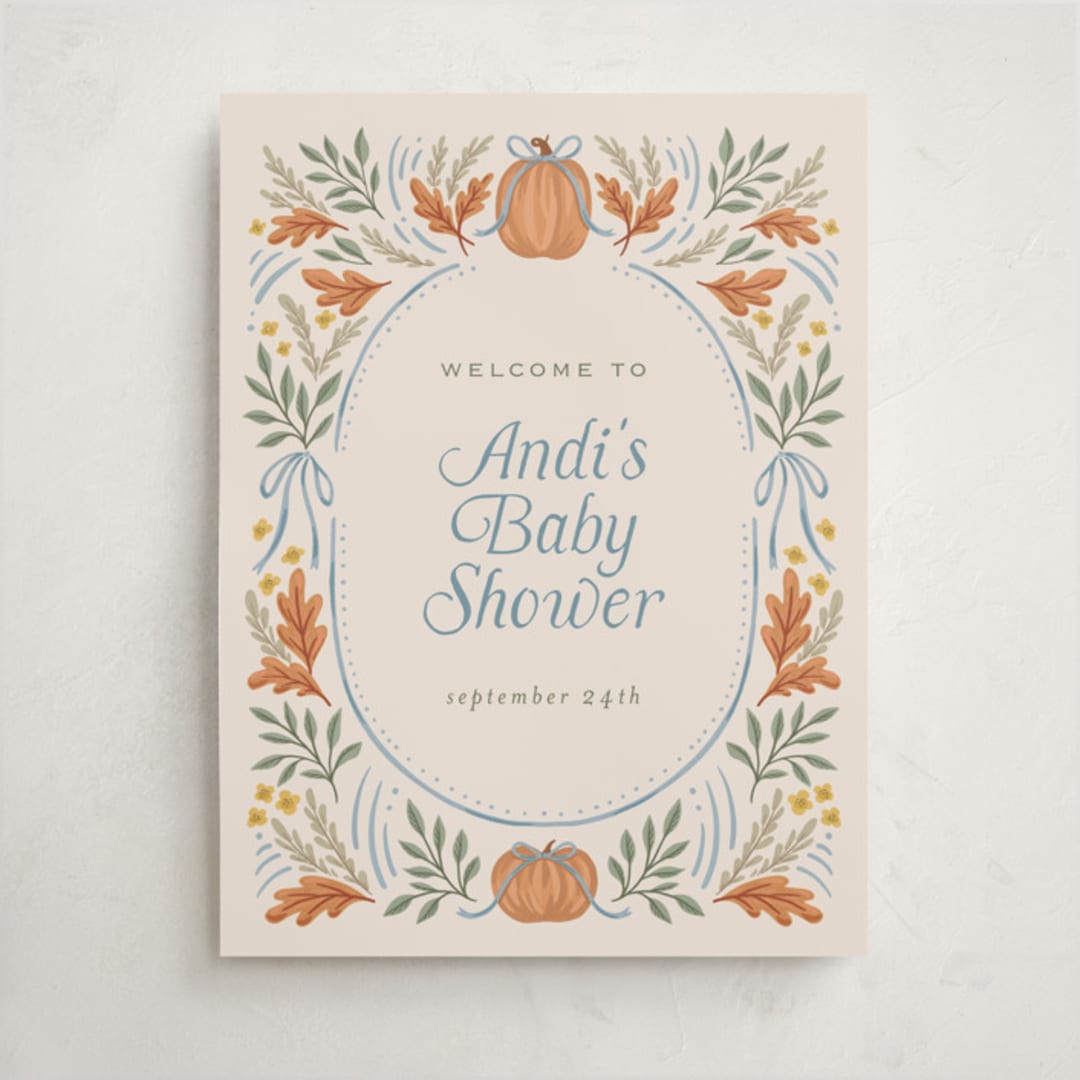 "Pumpkins + Bows" - Baby Shower Welcome Signs in Cornflower by Laura Hankins - Front