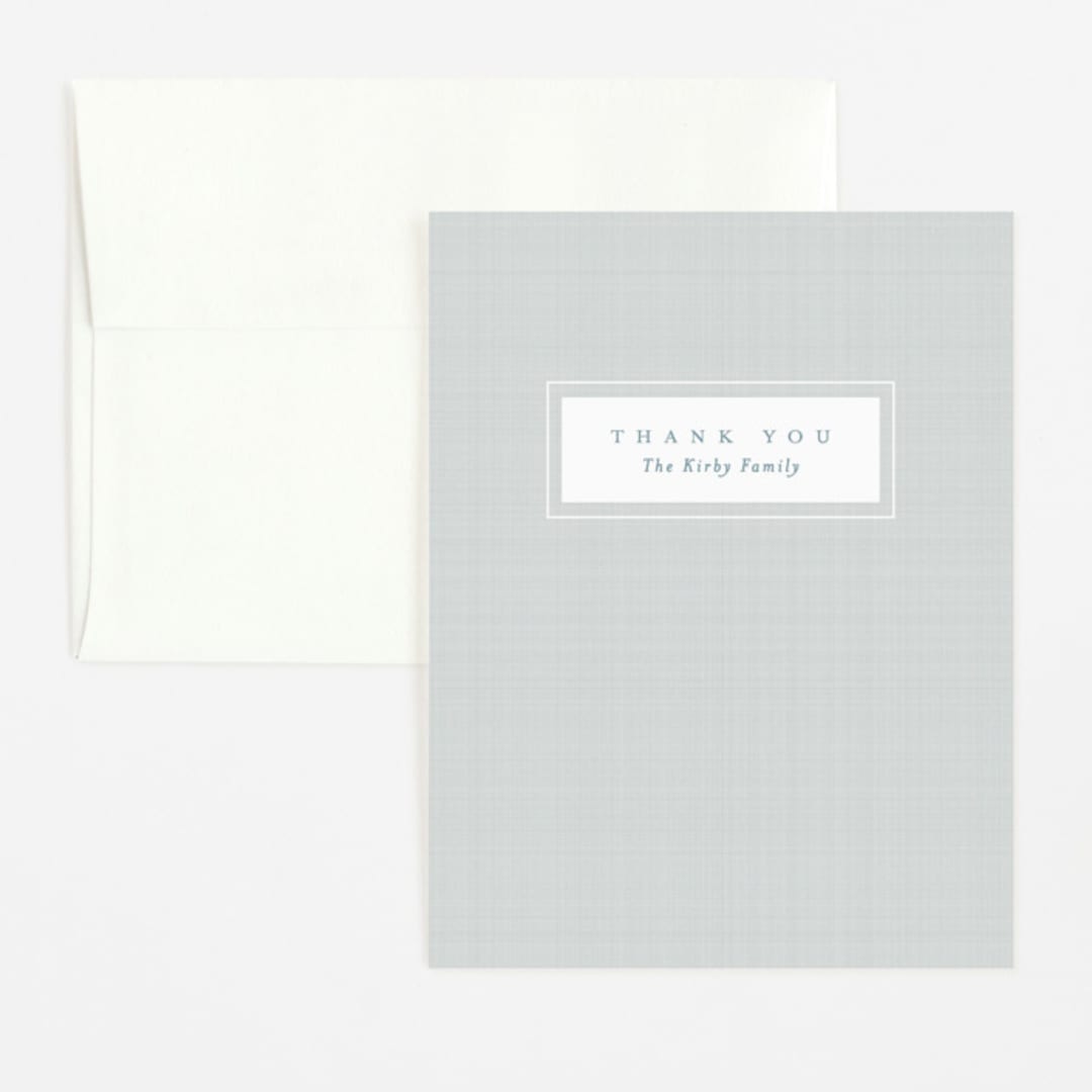 "Linen frame" - Birth Announcement Thank You Cards in Powder by Lea Delaveris - Front