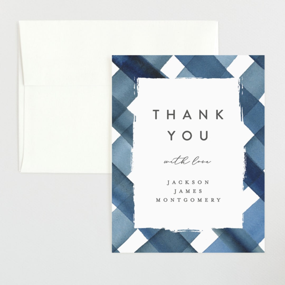 "Painted Plaid" - Birth Announcement Thank You Cards in Denim by Erica Krystek - Front
