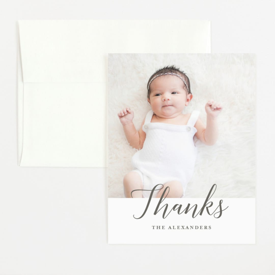 "Big Script" - Birth Announcement Thank You Cards in Smoke by Genna Blackburn - Front