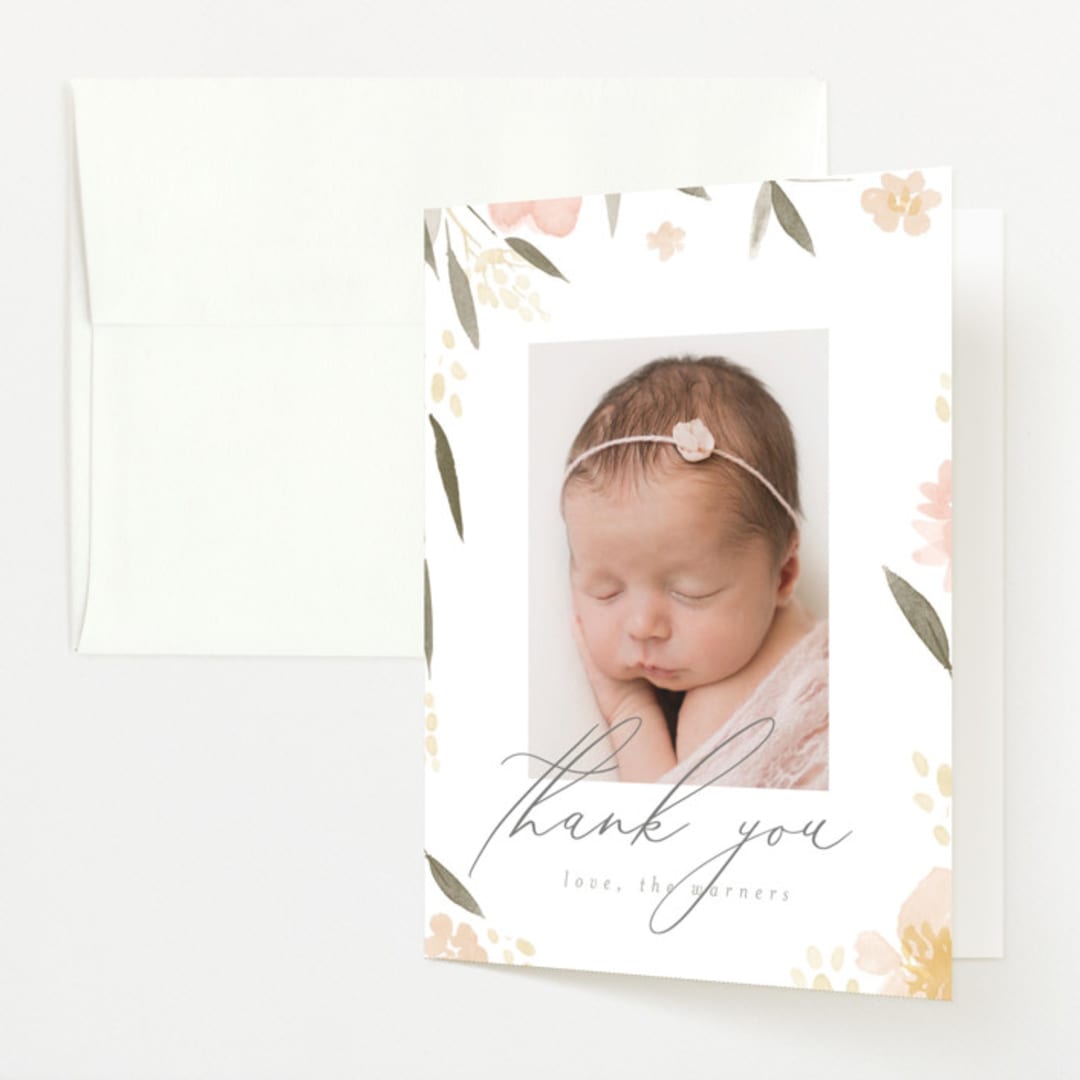 "Fresh Florals" - Birth Announcement Thank You Cards in Blush by Robert and Stella - Front