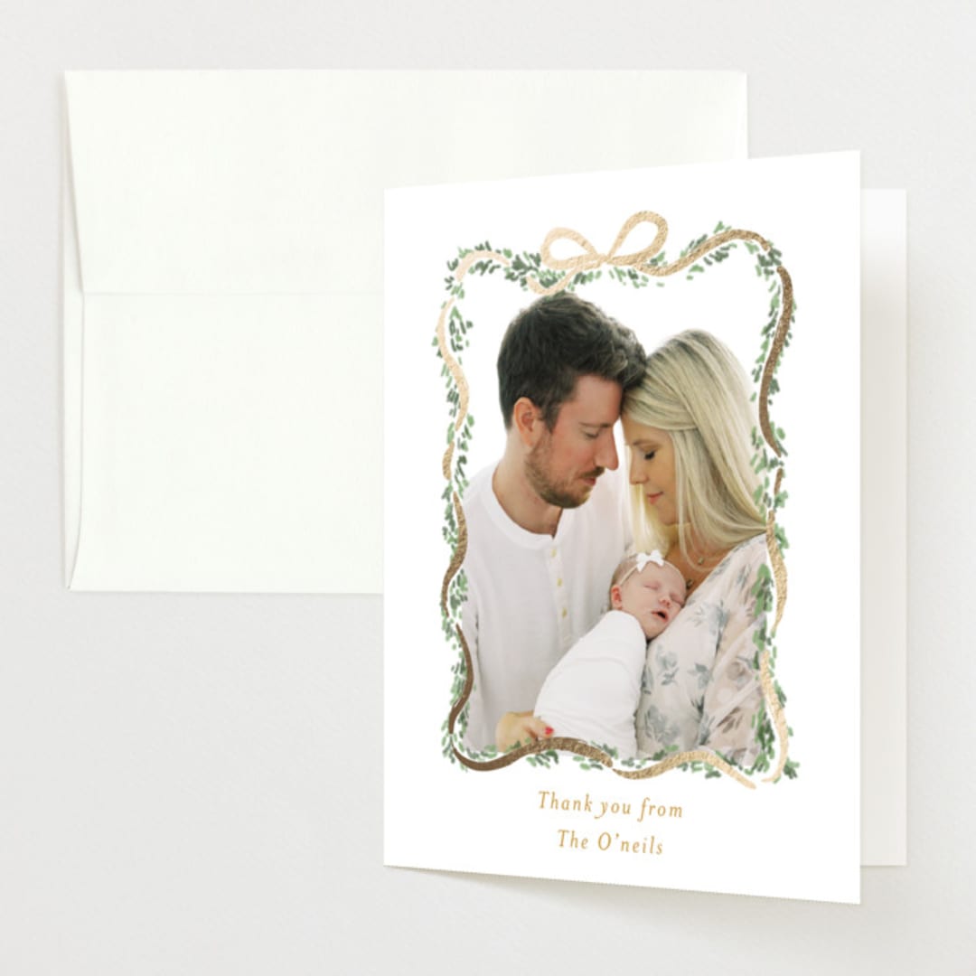 "Ribbonly Frame" - Foil-Pressed Birth Announcement Thank You Cards in Blush by Itsy Belle Studio - Front