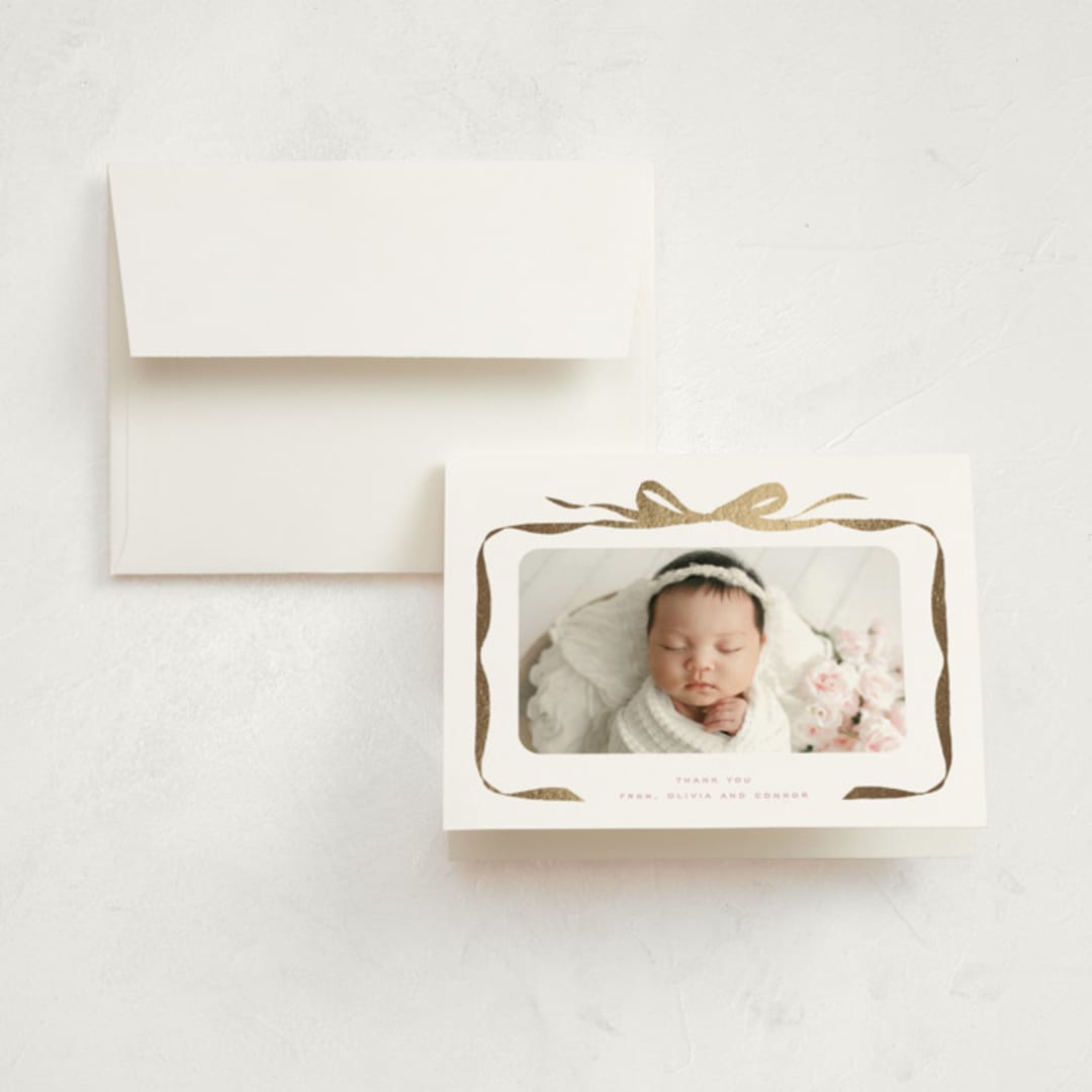 "Bow" - Foil-Pressed Birth Announcement Thank You Cards in Poppy by Olivia Kanaley Inman - Front