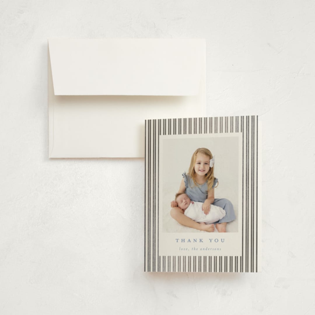 "Pinstripe Frame" - Foil-Pressed Birth Announcement Thank You Cards in Sky by Jennifer Holbrook - Front