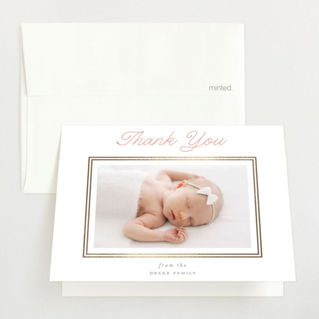 "Byline" - Foil-Pressed Birth Announcement Thank You Cards in Melon by Laura Hankins - Front