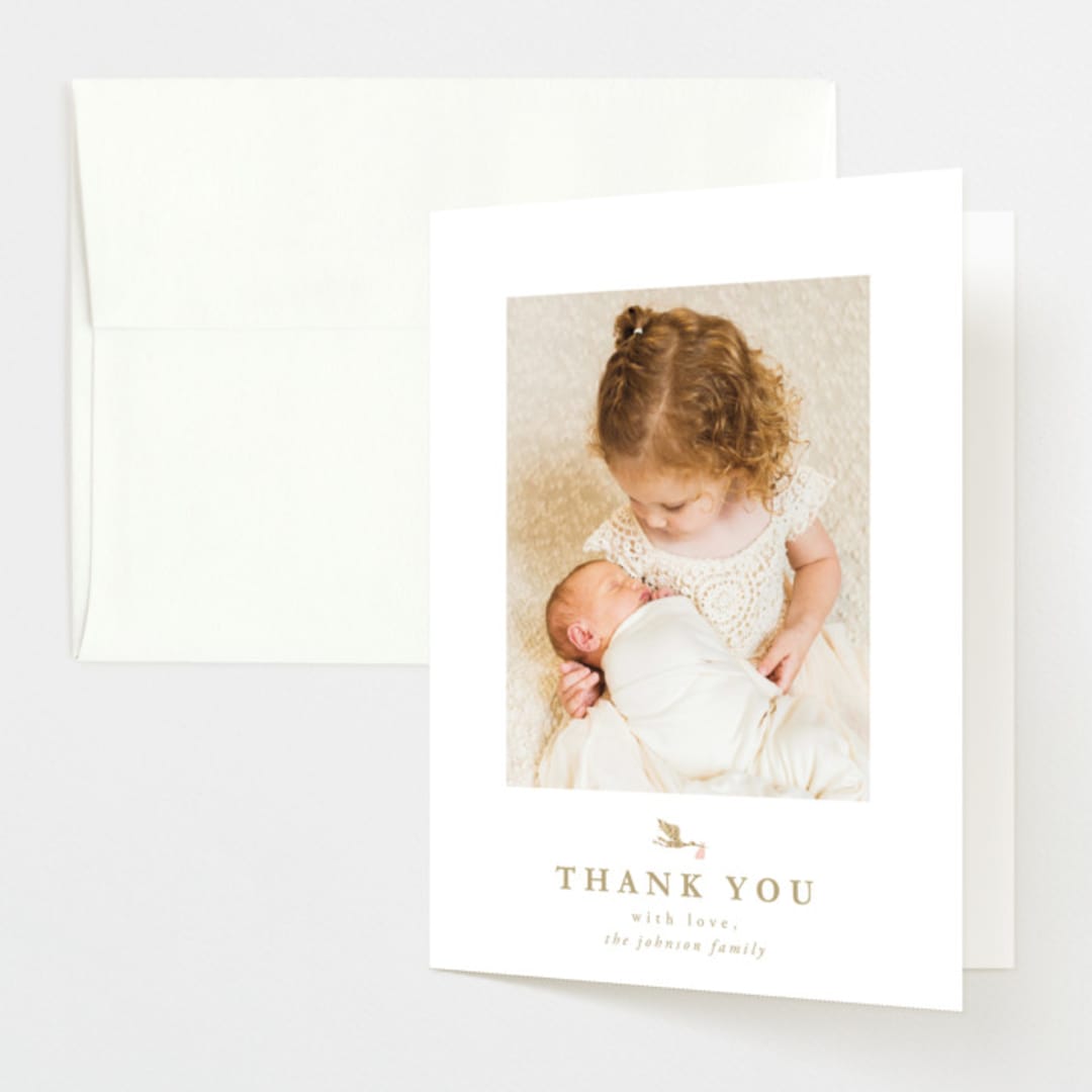 "new delivery" - Foil-Pressed Birth Announcement Thank You Cards in Blush by Carolyn Nicks - Front