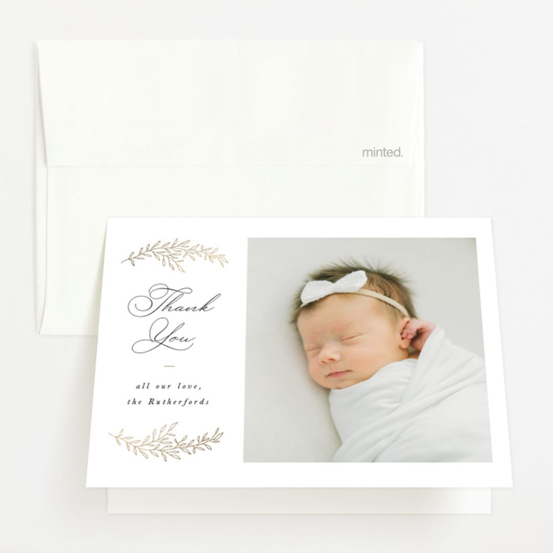 "Delicate Foliage" - Foil-Pressed Birth Announcement Thank You Cards in Onyx by Brandy Folse - Front