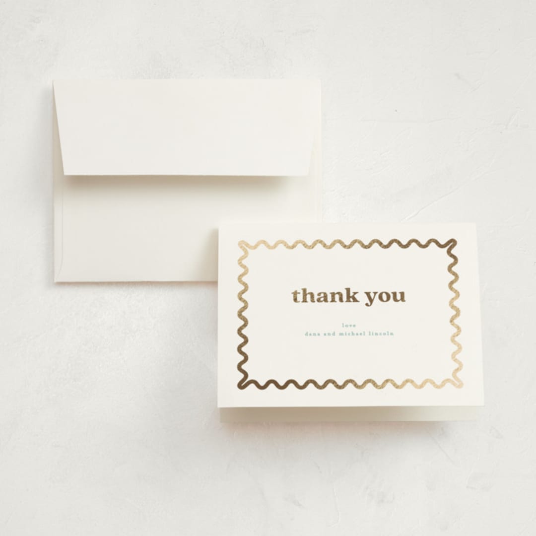 "Glimmering ric-rac" - Foil-Pressed Birth Announcement Thank You Cards in Pearl by Creo Study - Front