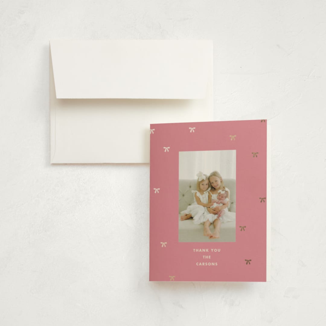 "embellished bows" - Foil-Pressed Birth Announcement Thank You Cards in Bubblegum by Baumbirdy - Front