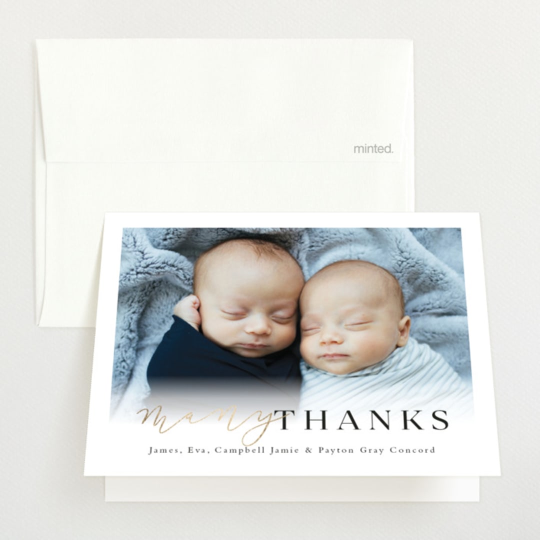 "Extra blessed" - Foil-Pressed Birth Announcement Thank You Cards in Onyx by Lea Delaveris - Front