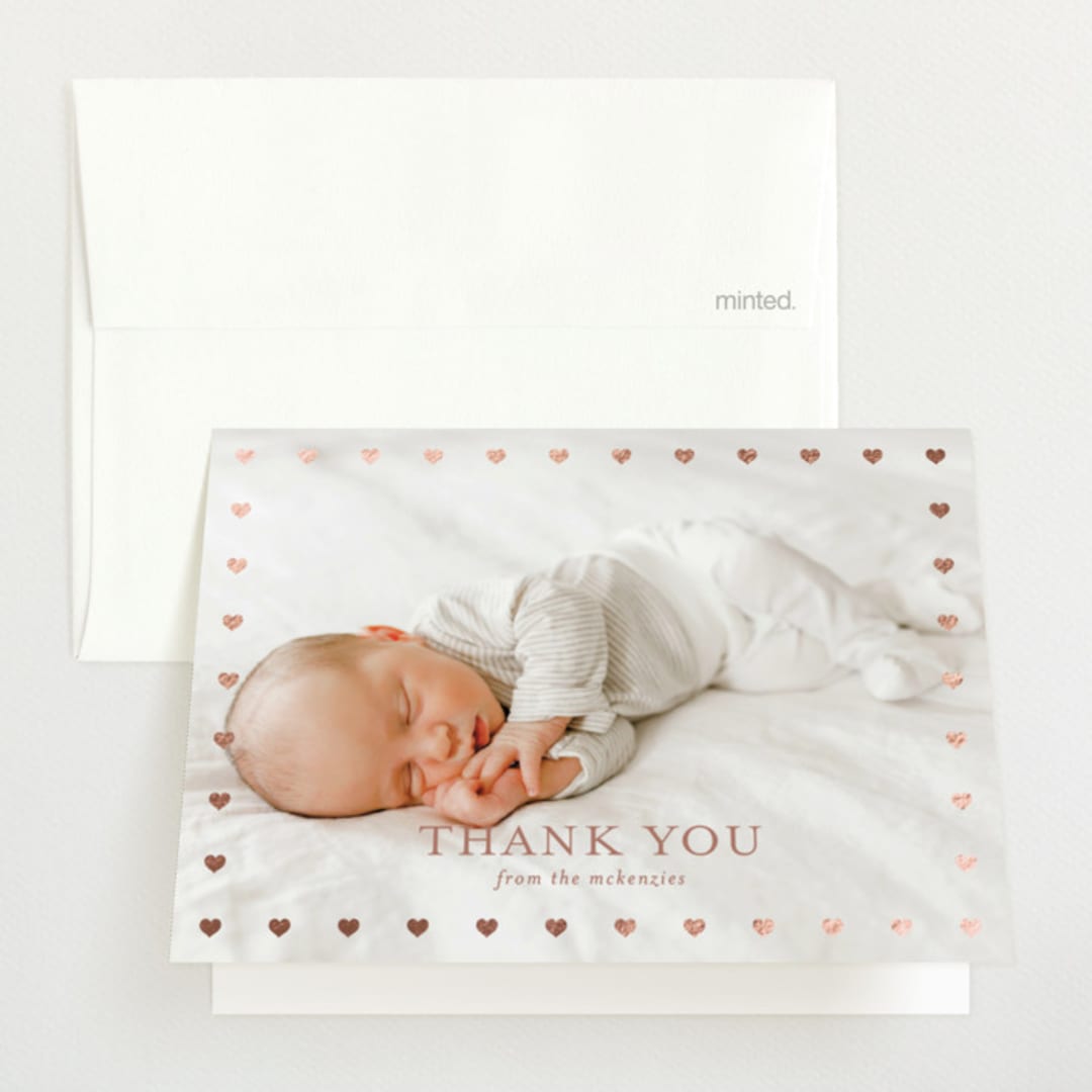 "Mini Hearts Frame" - Foil-Pressed Birth Announcement Thank You Cards in Rose by Stacey Meacham - Front