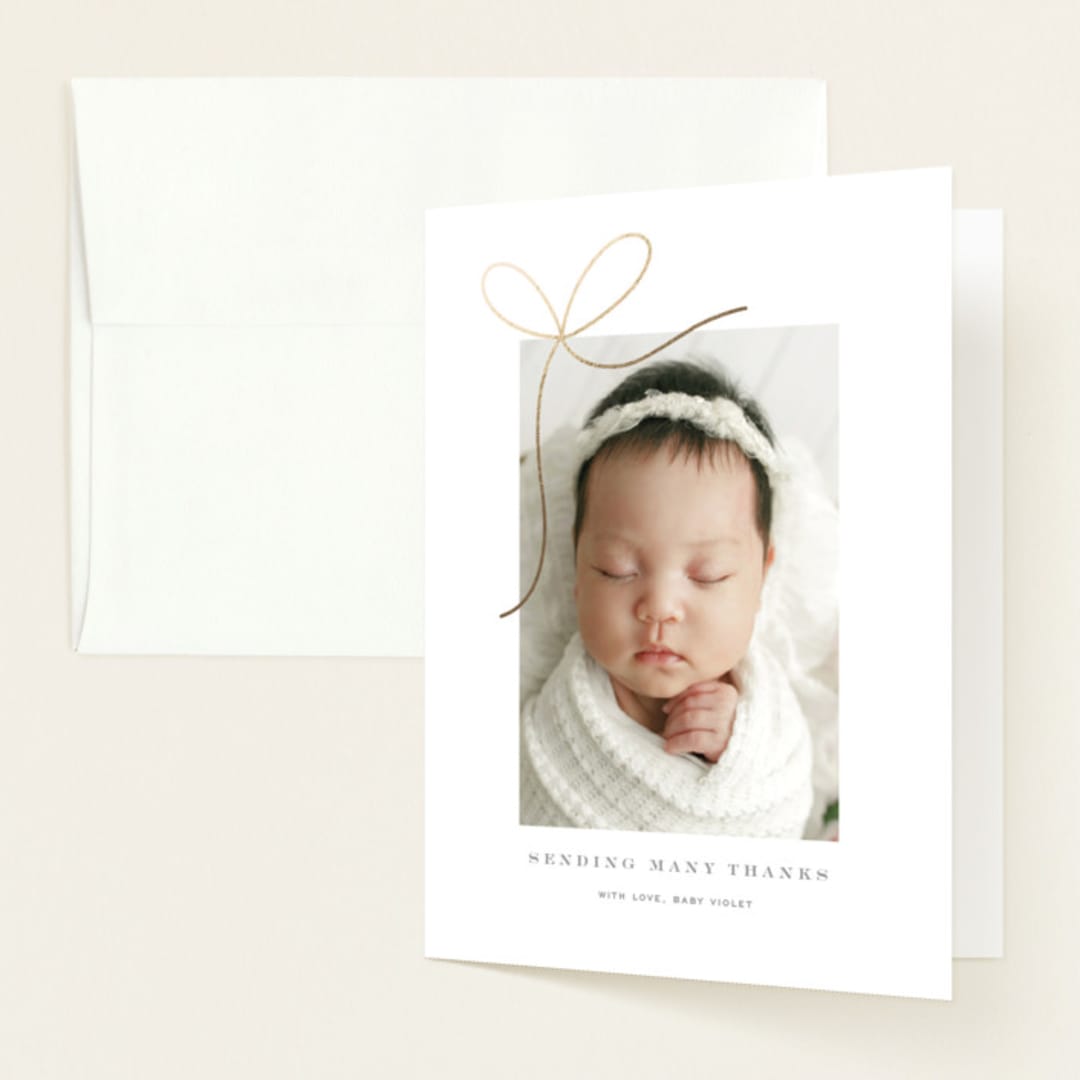 "Little Bow" - Foil-Pressed Birth Announcement Thank You Cards in Sugar by Yuliya Evseeva - Front