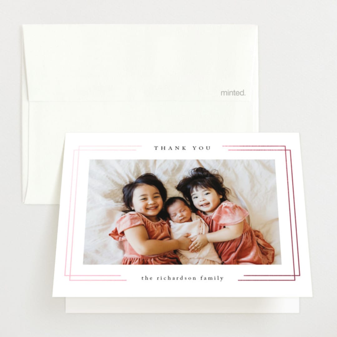 "Elegant frame" - Foil-Pressed Birth Announcement Thank You Cards in Rose by Kelly Schmidt - Front