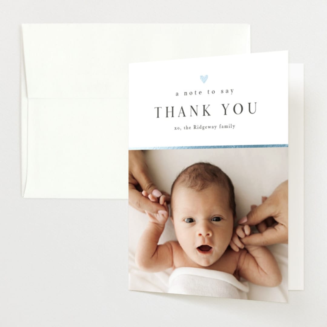 "Tiny Heart" - Foil-Pressed Birth Announcement Thank You Cards in Sky by Melanie Kosuge - Front